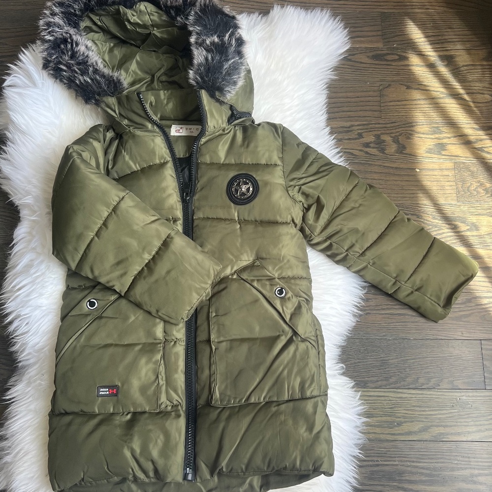 Kids' Olive Green Puffer Coat with Faux Fur Hood